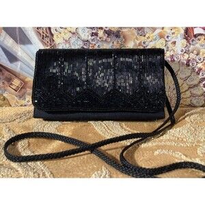 Vintage 80s Purse 1980s Black Beaded Art Deco Revival Prom Fancy Cocktail Bag